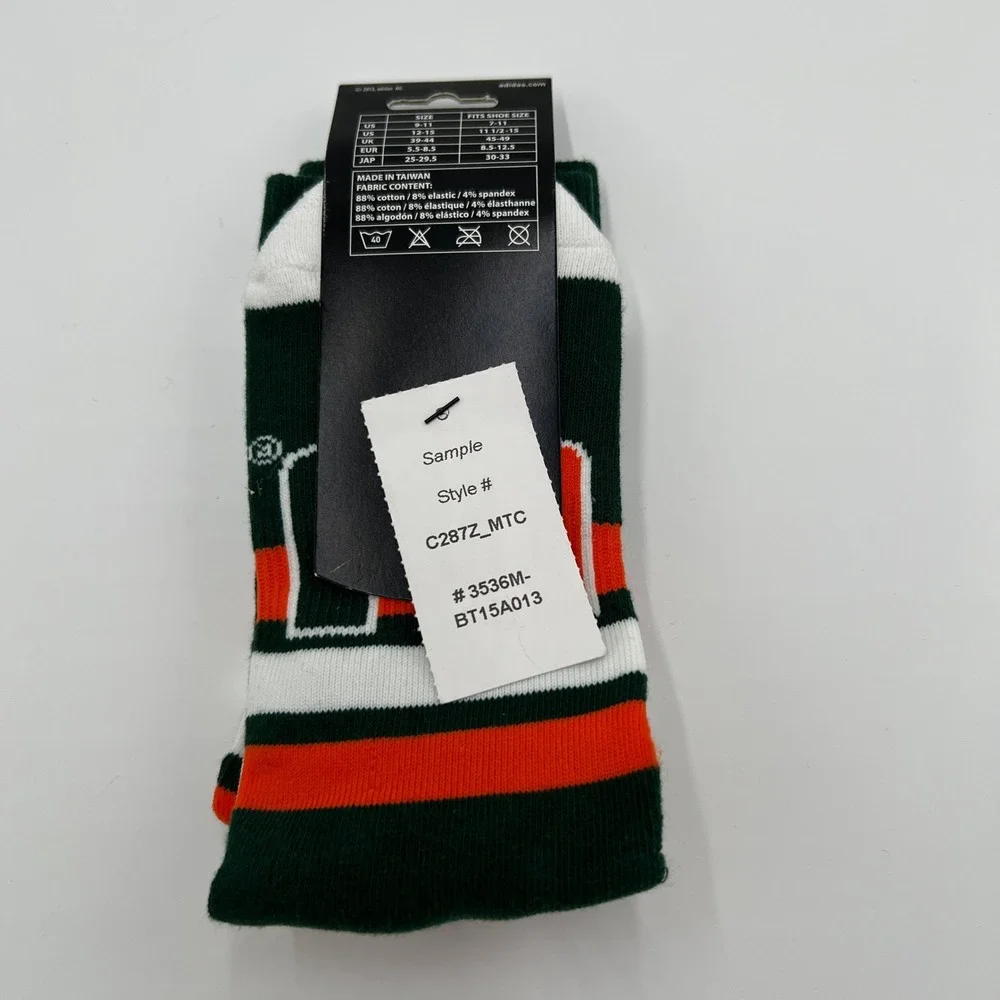 Adidas Miami‎ Hurricanes NCAA Crew Socks Mens Large Green Orange White